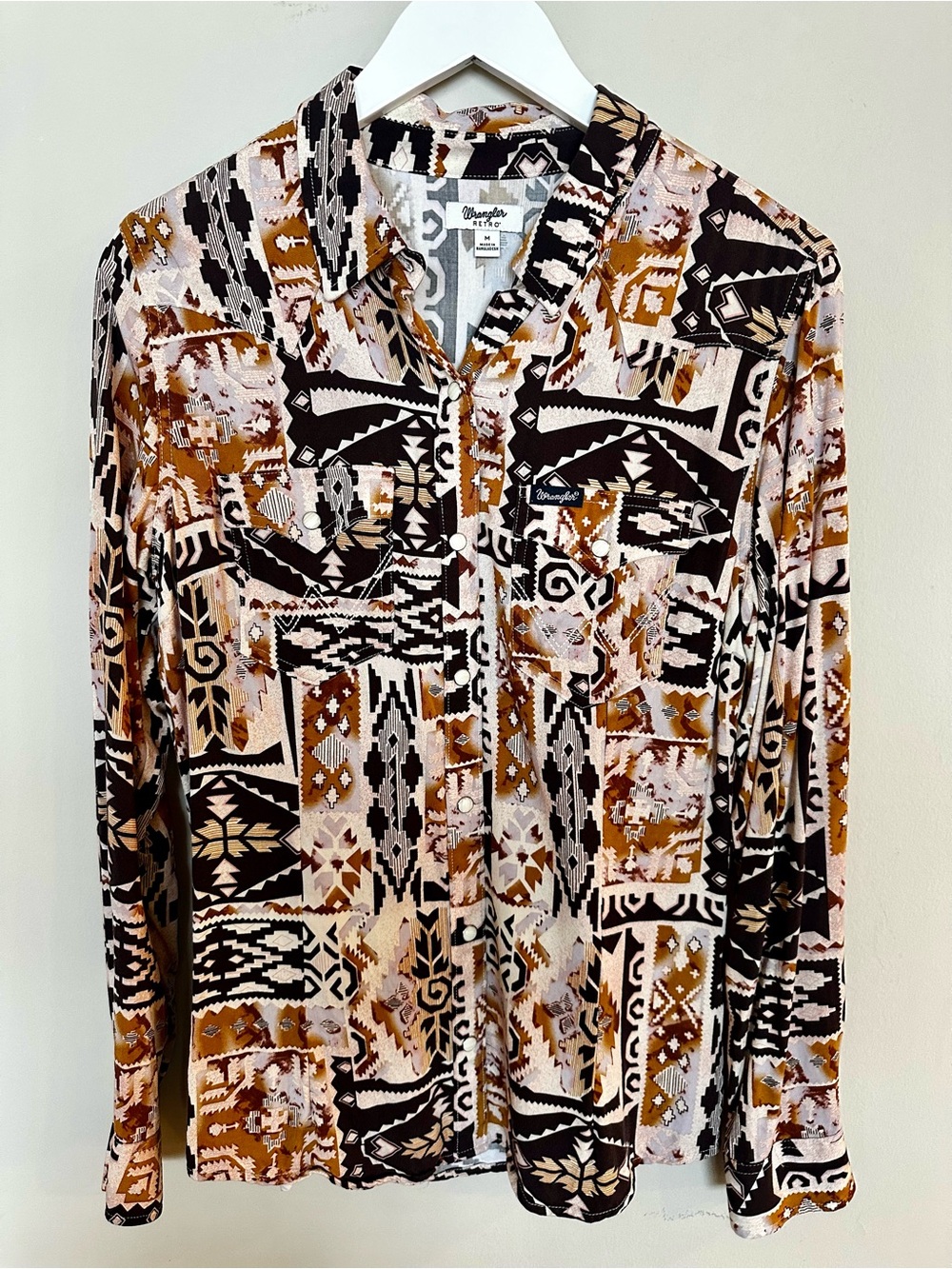 Wrangler Retro Brown Black Cream Patterned Button-Down Shirt